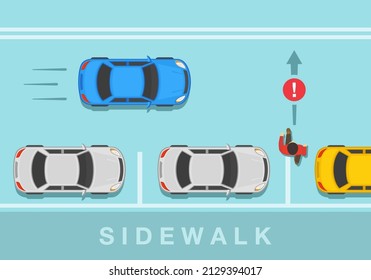 Safety driving rules and tips. Hidden pedestrian about to be hit by car. Pedestrian crossing the street between parked vehicles. Don't walk between cars warning. Flat vector illustration template.