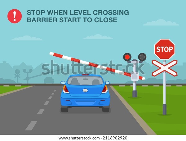 Safety driving rules and tips.\
Stop when level crossing barrier start to close. Back view of sedan\
car at railroad crossing. Flat vector illustration\
template.