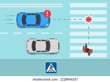 Safety driving rules and tips. Traffic regulation on pedestrian crossing. Hidden pedestrian about to be hit by car on crosswalk. Dangerous situation on zebra crossing. Flat vector illustration te