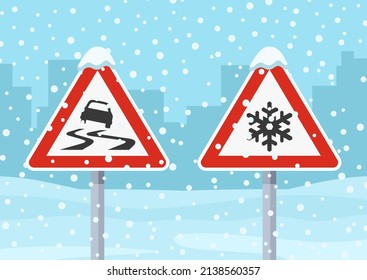 Safety Driving Rules And Tips. Winter Snow And Icy Road Traffic Signs. Flat Vector Illustration Template.