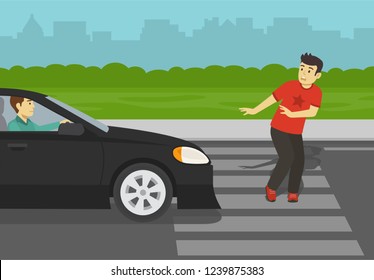 Safety driving rules and tips. Young male pedestrian about to be hit by car on crosswalk. Dangerous situation on zebra crossing. Flat vector illustration template.