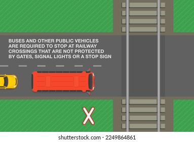 Safety driving tips and rules. Buses and other public vehicles are required to stop at railway crossings. Top view of a bus stopped at level crossing. Flat vector illustration template.