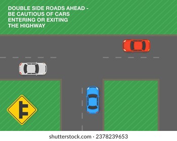 Safety driving tips and rules. Double side roads ahead, be cautious of cars entering or exiting highway. Top view of a junction road on right side. Flat vector illustration template.