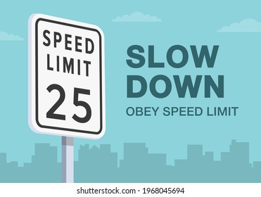 Safety driving tips and rules. Speed limit warning road sign. Close up view. Residential area and living street road. Obey the speed. Flat vector illustration template.