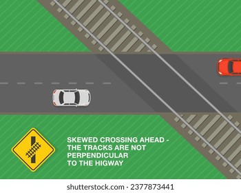 Safety driving tips and rules. Tracks are not perpendicular to the highway, skewed crossing ahead. Top view of a road with traffic flow. Flat vector illustration template.