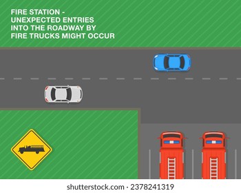 Consejos y reglas de conducción de seguridad. Puede haber entradas inesperadas en la carretera por parte de camiones de bomberos, se avanza la estación de bomberos. Vista superior de una carretera con tráfico. Plantilla de ilustración vectorial plana.