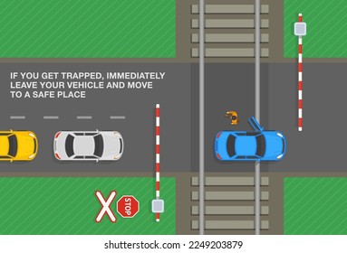 Consejos y reglas de conducción de seguridad. Si está atrapado en un paso a nivel, deje inmediatamente su vehículo y muévase a un lugar seguro. Vista superior de un auto atascado en las vías del tren. Plantilla de ilustración vectorial plana.