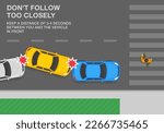 Safety driving tips and traffic regulation rules. Man crossing the street on crosswalk. Top view of a chain-reaction collision. Keep a safe distance on road. Flat vector illustration template.