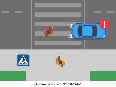 Safety driving tips and traffic regulation rules. Do not move vehicle in reverse into a crosswalk. Pedestrians crossing the street on zebra crossing. Top view. Flat vector illustration template.