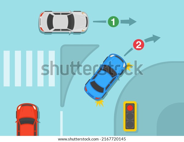 Safety driving tips and traffic regulation\
rules. A vehicle using a slip lane must give way to any pedestrians\
and cars continuing road when entering the road. Top view. Flat\
vector illustration.