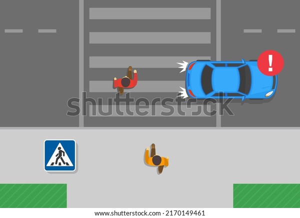Safety driving tips and traffic regulation\
rules. Do not move vehicle in reverse into a crosswalk. Pedestrians\
crossing the street on zebra crossing. Top view. Flat vector\
illustration template.