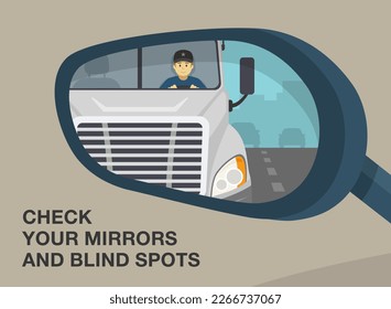 Consejos de conducción de seguridad y normas de tráfico. Cierre de un espejo retrovisor de ala del vehículo. Reflejo de un camión en un espejo retrovisor del coche. Compruebe sus espejos y su punto ciego. Plantilla de ilustración vectorial plana.