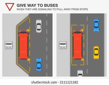 Safety Driving And Traffic Regulating Rules. Give Way And Priority To Buses When They Are Signaling To Pull Away From Stops. Top View Of A British Bus Stops. Flat Vector Illustration Template.