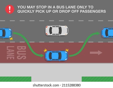 Safety Driving And Traffic Regulating Rules. Drivers May Enter The Bus Lane To Quickly Pick Up Or Drop Off Passengers. Top View Of A City Road With Bus Lane. Flat Vector Illustration Template.