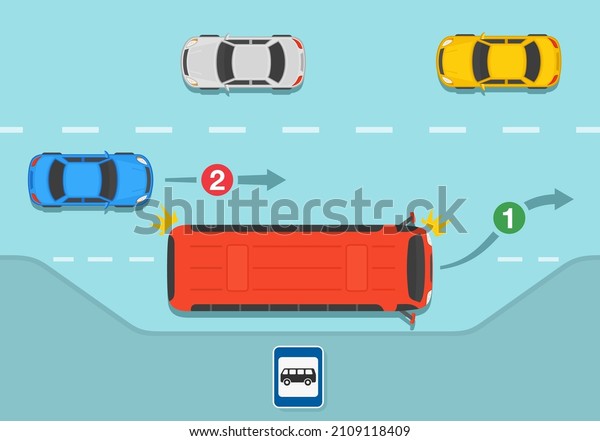 Safety driving and traffic regulating rules.\
Give way and priority to buses, coaches and trams, especially when\
they are signaling to pull away from stops. Flat vector\
illustration template.