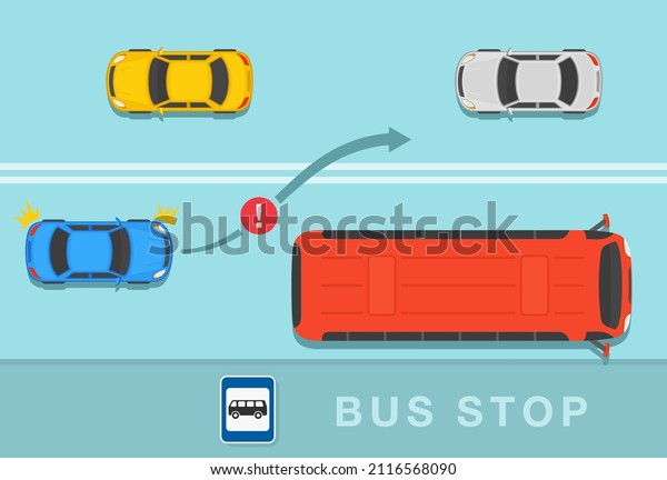 Safety driving and traffic
regulating rules. Give way and priority to buses. Do not overtake
by passing double solid lines. Flat vector illustration
template.