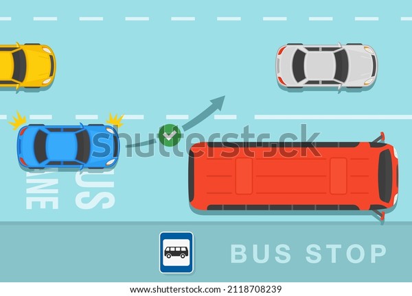 Safety driving and traffic regulating rules.\
Blue sedan car is about to changing lane to overtake the bus. Flat\
vector illustration\
template.