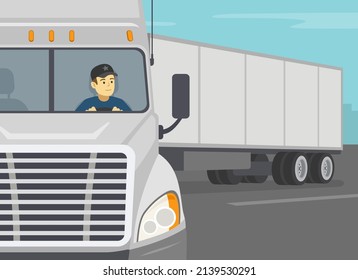 Safety driving and traffic regulation. Heavy vehicle driving. Truck driver checking rear mirror while moving back. Close-up front view of a trailer. Flat vector illustration template.