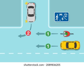 Safety driving and traffic regulation rules. Give way to all vehicles and cyclists when leaving living street or residential area. Three-leg priority intersection. Flat vector illustration template.