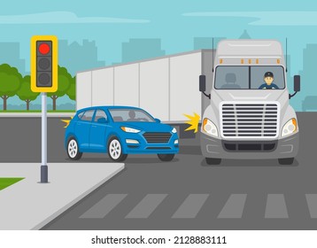 Safety driving and traffic regulation rules. Big american semi-truck turning right on a city crossroad. Blue suv car trying to overtake the truck. Flat vector illustration template.