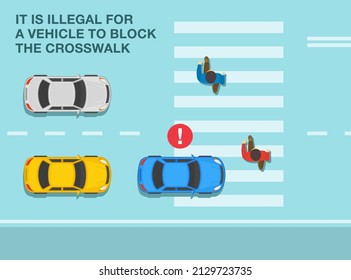 Normas de conducción de seguridad y de regulación del tráfico. Es ilegal que un vehículo bloquee el cruce cuando un peatón cruza la carretera. Vista superior. Plantilla de ilustración vectorial plana.