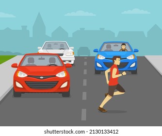 Safety driving and traffic regulation rules and tips. Reckless pedestrian runs in front of the vehicle to cross the road. Car is about to hit a man. Flat vector illustration template.
