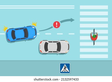 Safety driving and traffic regulation rules. All drivers must stop for a pedestrian in a crosswalk. Overtaking or passing rules on the road. Top view. Flat vector illustration template.