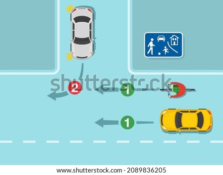 Safety driving and traffic regulation rules. Give way to all vehicles and cyclists when leaving living street or residential area. Three-leg priority intersection. Flat vector illustration template.