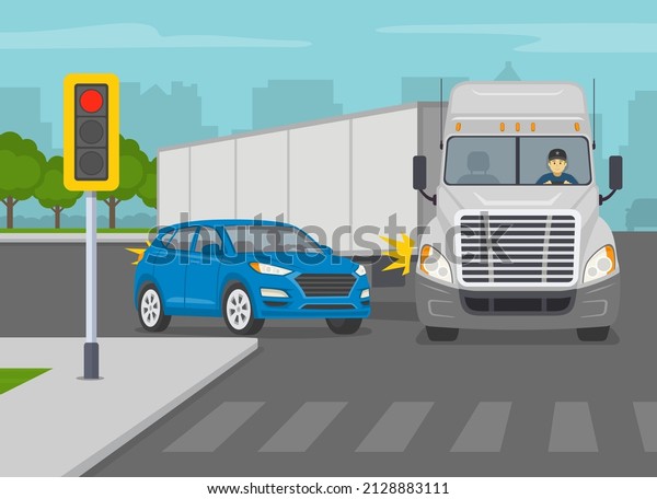 Safety
driving and traffic regulation rules. Big american semi-truck
turning right on a city crossroad. Blue suv car trying to overtake
the truck. Flat vector illustration
template.