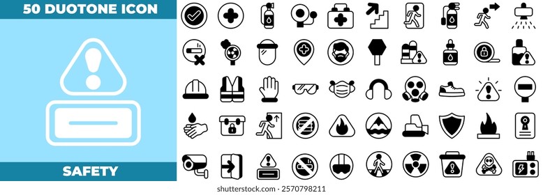 Safety Duotone Editable Icons set. Vector illustration in modern thin duotone style of safety icons: Hard Hat, Safety Glasses, Ear Protection, Safety Shoes, etc