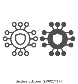 Safety emblem with connections line and solid icon, neural network concept. Vector graphics. Secure microchip, hardware support sign on white background, outline style icon for mobile or web design