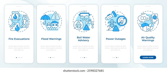 Safety and emergency alerts blue onboarding mobile app screen. Walkthrough 5 steps editable graphic instructions with linear concepts. UI, UX, GUI template
