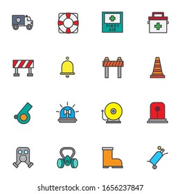 Safety, emergency filled outline icons set, line vector symbol collection, linear colorful pictogram pack. Signs, logo illustration, Set includes icons as traffic cone, barrier, alarm siren, gas mask