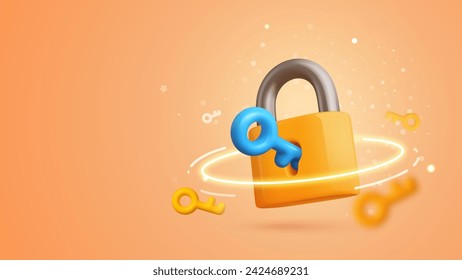 Safety, encryption, protection, privacy, data access. Yellow padlock with keyhole and blue key 3d cartoon vector illustration on orange background with light effects.