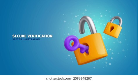 Safety, encryption, protection, privacy, data access.Digital security. Two yellow padlocks with keyhole and purple key cartoon vector illustration on blue abstract background.