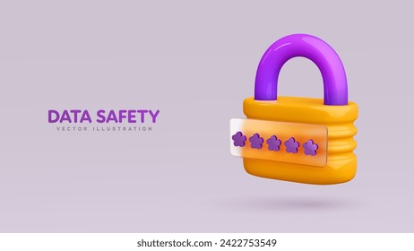 Safety, encryption, protection, privacy signs. Yellow digital security lock. Data protection padlock with password 3d cartoon design on white background.