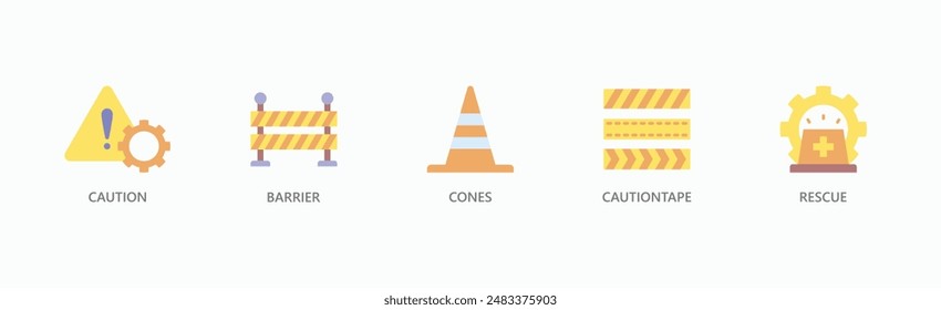 Safety Equipment Banner Web Icon Vector Illustration Concept With Caution, Barrier, Cones, Caution Tape, Rescue