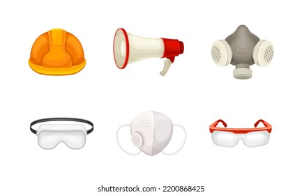 Safety Equipment with Hard Hat, Goggles and Respirator Mask for Construction and Industrial Work Vector Set