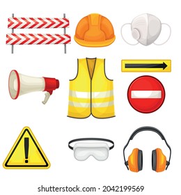 Safety Equipment with Hard Hat and Road Barricade for Construction and Industrial Work Vector Set