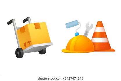 Safety Equipment with Hard Hat and Road Cone Carton boxes for Construction and Industrial WorkVector Set
