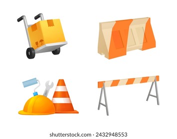 Safety Equipment with Hard Hat and Road Cone for Construction and Industrial Work Vector Set
