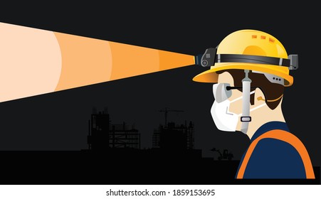 Safety Equipment With Headlamp , Construction Concept, Yellow Safety Hard Hat And Headlights . Vector Illustration