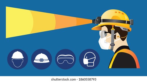 Safety Equipment With Headlamp , Construction Concept, Yellow Safety Hard Hat And Headlights . Vector Illustration
