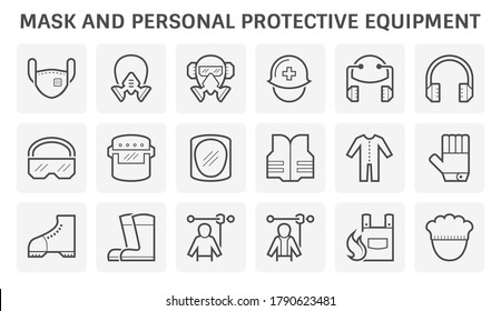 Safety equipment icon or personal protective equipment (PPE) in industrial work. Consist of air purifying respirator, helmet, earmuff, shield, glasses, fire resistant clothing etc. For protect wearer.