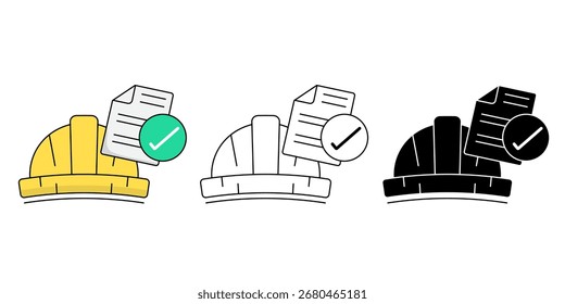 Conjunto de iconos de equipos de seguridad: casco de construcción con documento de lista de verificación y Ilustración vectorial de marca de Aprobación.