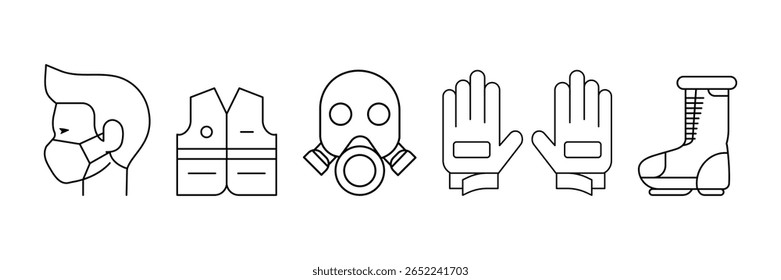Ícone de equipamento de segurança definido com máscara facial colete luvas respirador e botas de proteção em estilo de ilustração vetorial de contorno editável.
