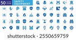 Safety equipment icon set with firefighter, barricade, work, management, pants, helmet, boots, distribution, surgical mask, respirator, construction worker, hard hat, gloves, goggles, and apron