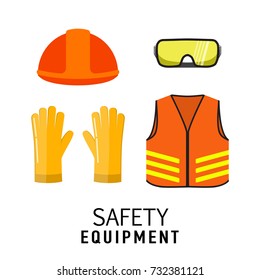 Safety equipment items flat vector illustration, isolated on white background. Construction helmet, transparent glasses, safety gloves, orange neon safety vest.