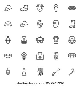 Safety Equipment Line Icons Set. Mandatory Linear Style Symbols Collection, Outline Signs Pack. Safety Workwear Vector Graphics. Set Includes Icons As Protective Clothing, Work Shoe, Face Mask, Helmet