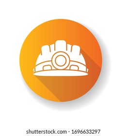 Safety equipment orange flat design long shadow glyph icon. Worker helmet for secure work. Builder hardhelmet. Headgear for engineer. Protection from incident. Silhouette RGB color illustration